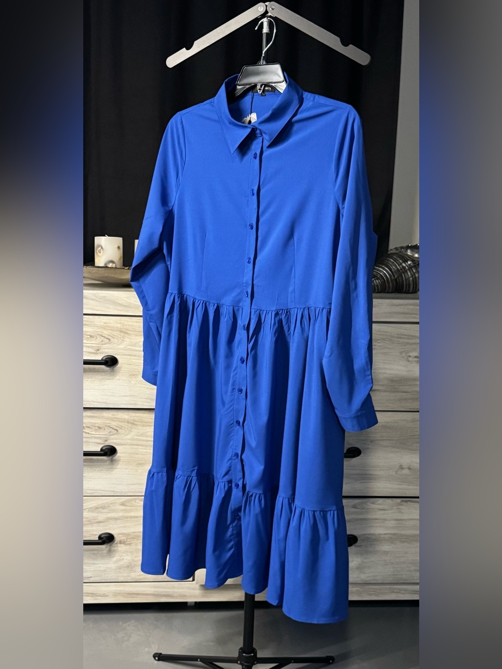 Buxom Couture Button-Down Tiered Long Sleeve Shirt Dress — Royal Blue 1X